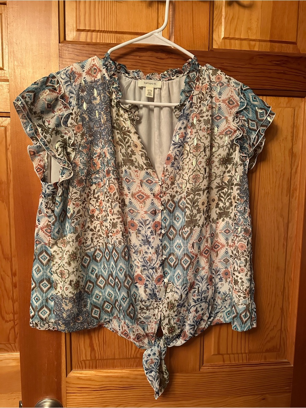 Floral & Geo Tie-Front Ruffle Sleeve Blouse - Blue Multi